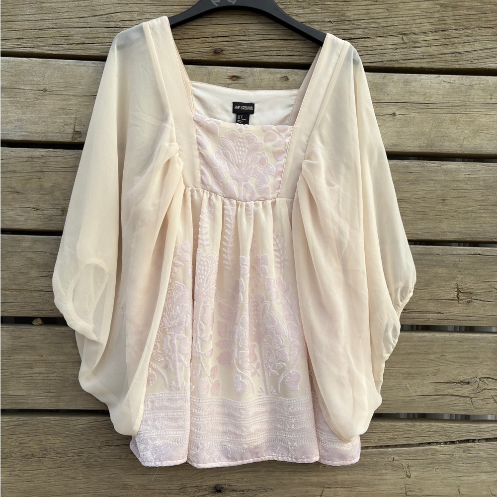 H&M Sheer Ivory Blush Embroidered Blouse